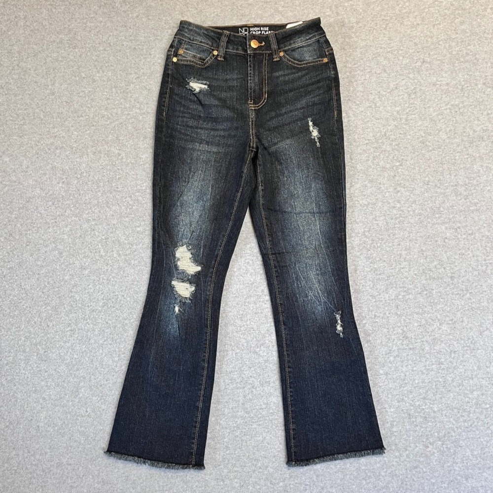 No Boundaries Jeans Womens 1 Blue High Rise Crop Flare Frayed Hem Denim New